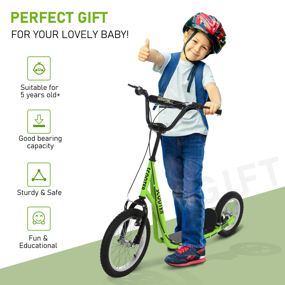 Aosom Youth Scooter, Teens Kick Scooter, Adjustable Handlebar Ride On Toy for 5+ with 16" Front and 12" Rear Dual Brakes Inflatable Wheels, Green