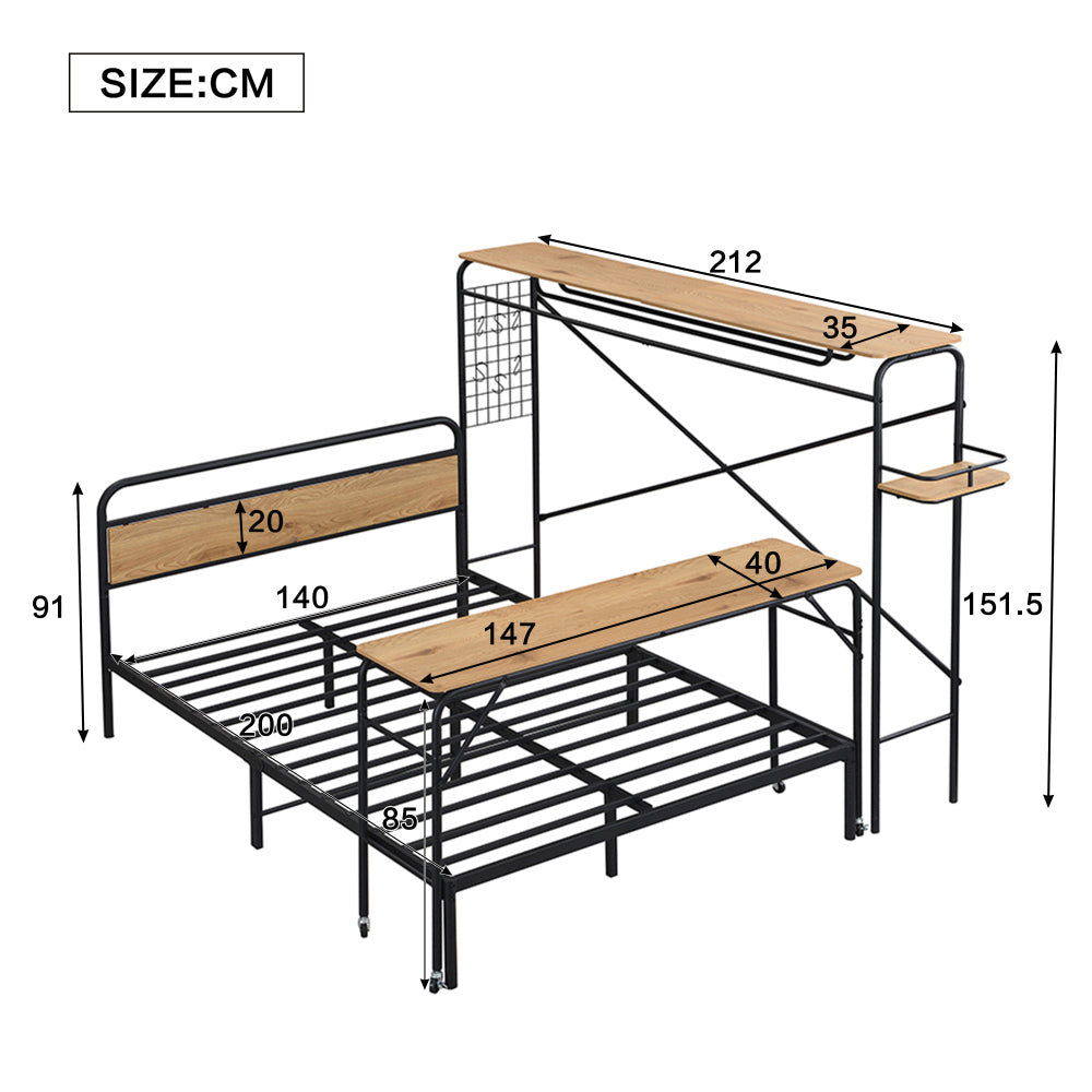 Metallbett, Flachbetten + Tisch + Vertikaler Garderobenständer, Tisch mit Rädern, Kompletter Satz Schlafzimmermöbel, Heranwachsende und Erwachsene, Metallrahmen, Metall+MDF, Schwarz + Natur, 140x200