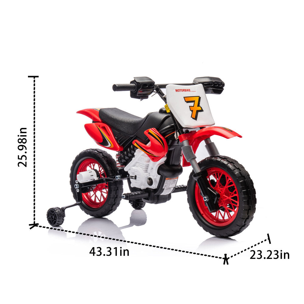 12V Kids Ride On Electric Toy Motorcycle,Rear suspension,Twist Grip Throttle,Slow Start,Removable training wheels,Indie music box with horn and engine,Simulation of dirt bike modeling for kids 3-8.