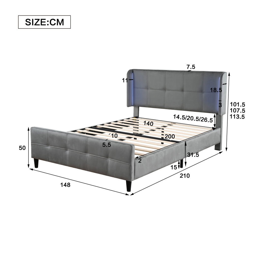 Polsterbett, Doppelbett mit 16-farbiger LED-Leisten an den Seitenohren, Gesteppte Kopf- und Fußteil, Metallkiel, Bettkopf in drei Höhen verstellbar, Samt, Grau, 140x200cm