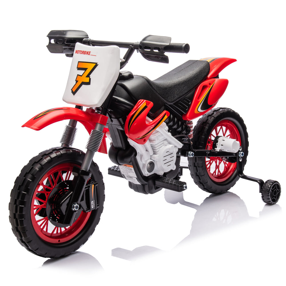 12V Kids Ride On Electric Toy Motorcycle,Rear suspension,Twist Grip Throttle,Slow Start,Removable training wheels,Indie music box with horn and engine,Simulation of dirt bike modeling for kids 3-8.