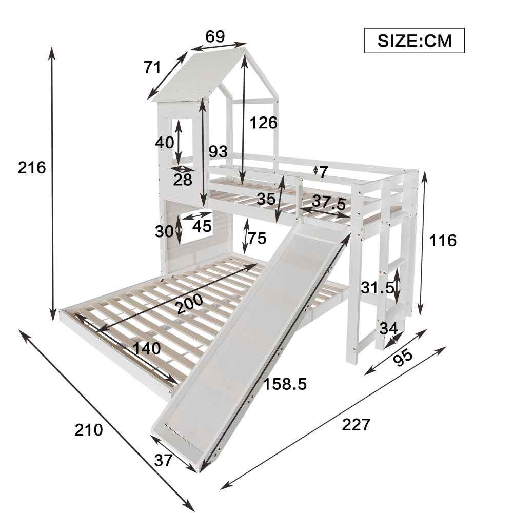 Etagenbett mit Rutsche, Hausbett, Kinderbett, mit Fallschutzgitter, mit Fenster und Dach, mit dreistufige Leiter, Kiefer+MDF, Weiß, 90x200cm&140x200cm
