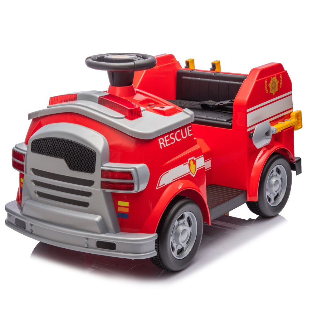 12V Kids Ride On Electric Car.Fire Engine Shape Design with Early education function,Human-vehicle interaction with A variety of fire tools.Lights, horns, and sirens,Slow Start For kids Aged 3-7.