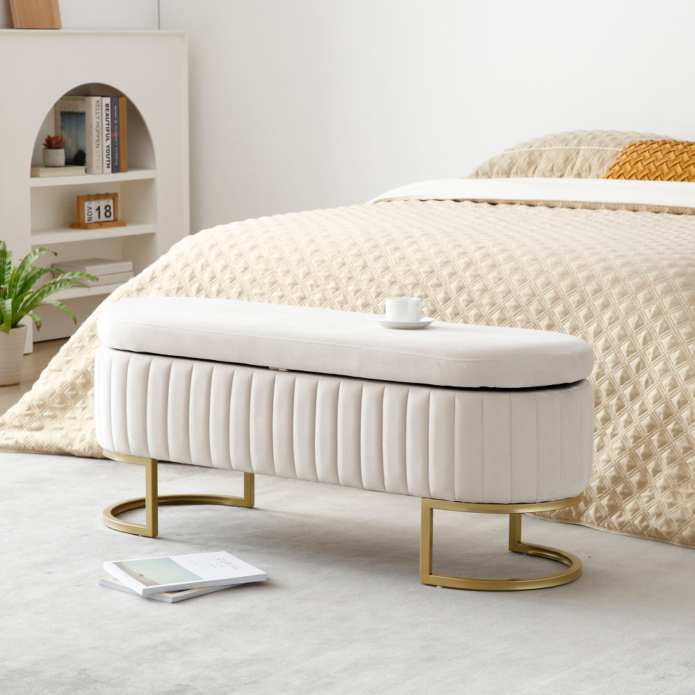 Storage Bench Bedroom Bench, Velvet Oval Upholstered End of Bed Bench with Golden Metal Legs,50"Modern Storage Ottoman Bench for Bedroom, Living Room,Entryway,Window, Rose Red