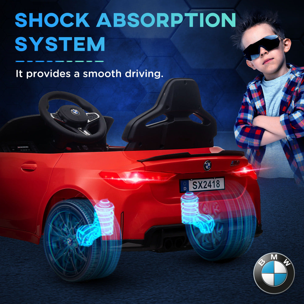 Qaba BMW M4 Licensed Kids Electric Car, 12V Ride On Car with Parent Remote Control, Suspension, Handle Attachment, Battery Powered Kids Car with LED Lights, Music, Soft Start, Red