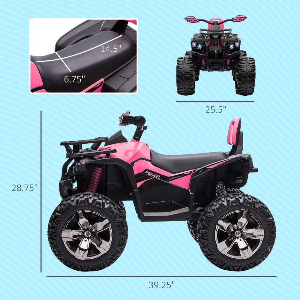 Aosom 12V Kids ATV Ride-on Four-Wheeler Toy Car with Music, Realistic Headlights, Wide Wheels, Rechargeable Battery-Powered, for Boys and Girls, Pink