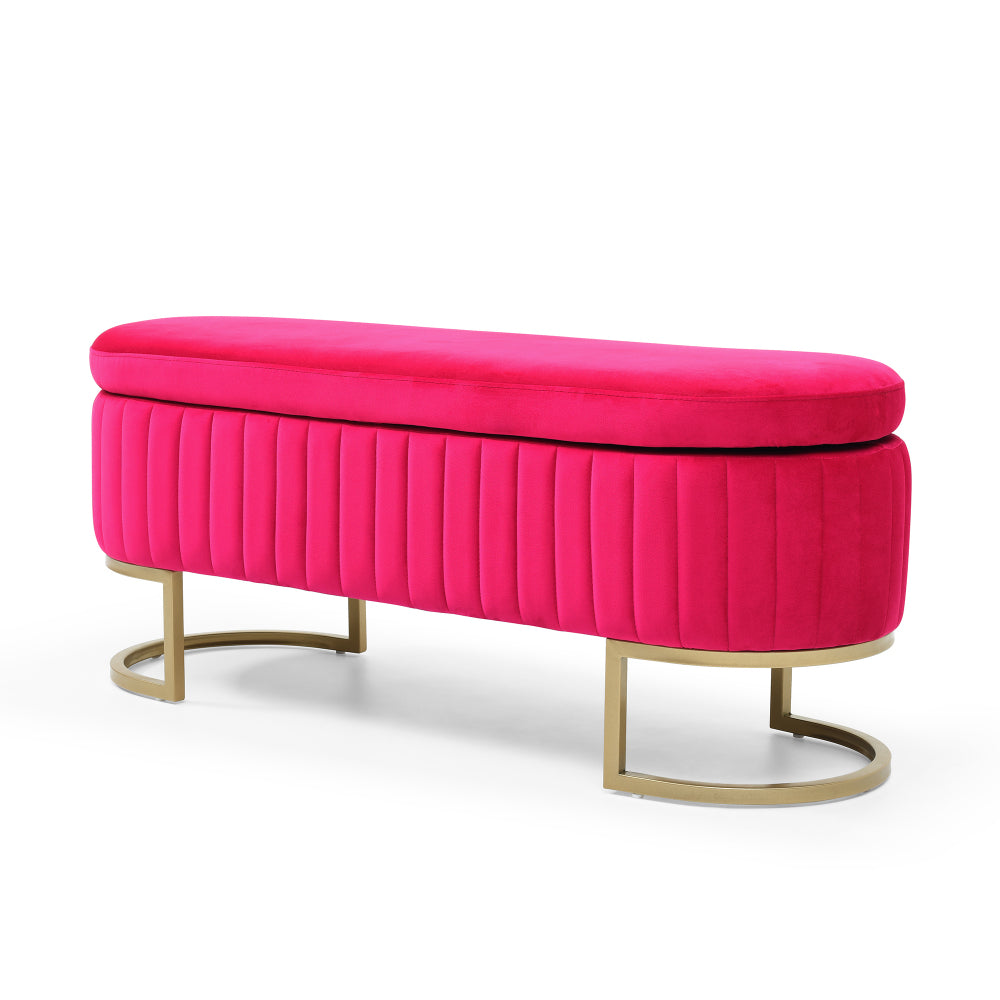 Storage Bench Bedroom Bench, Velvet Oval Upholstered End of Bed Bench with Golden Metal Legs,50"Modern Storage Ottoman Bench for Bedroom, Living Room,Entryway,Window, Rose Red