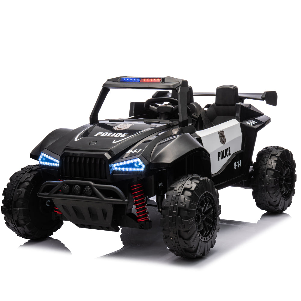 24V Two-seater Kids Ride On Electric Car W/Parents Control,Seat width 20.47in,2WD,Four-wheel suspension,The police car with a megaphone,Power display,Bluetooth,MP3,USB/TF,Music,LED Lights for Kids.