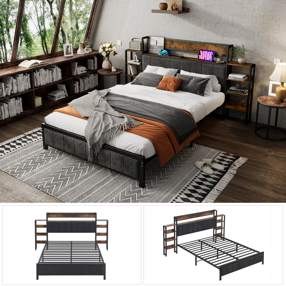 Metallbett, Lagerungsbett, Kopfteil mit Regal, 3 usb-anschlüsse, Dunkler Samtschwamm, Heranwachsende und Erwachsene, Metallrahmen, Flachbetten, Metall+MDF+Velvet, Schwarz + Walnuss, 140x200cm