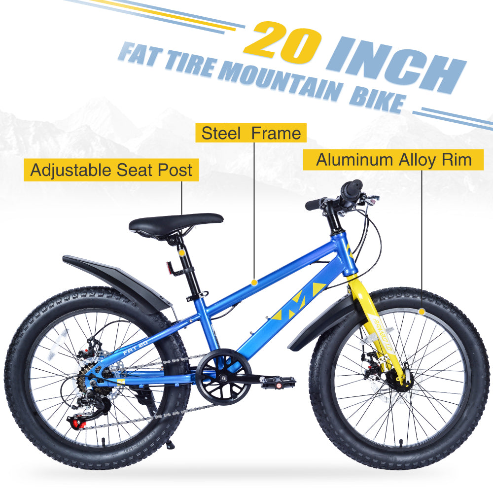 20 Inch Kids Bicycles , Fat Tire Mountain Bike for Boys and Girls Age 5 + Years ,Dual-Disc Brake,Shimano 7-Speed ,Kids Beach and Snow Bicycle